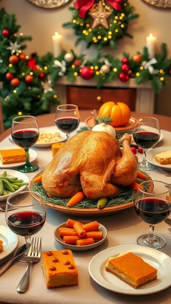 Festive Christmas Dinner Ideas A festive Christmas dinner table with roast turkey, side dishes, and desserts, decorated for the holiday.